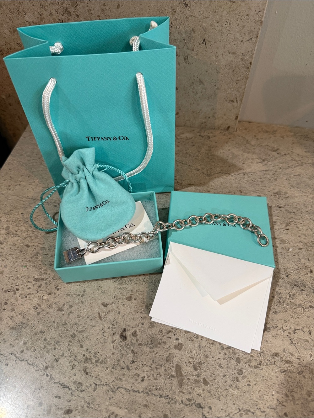 Tiffany & Co. Sterling Silver Chunky Chain Link Bracelet With Shopping Bag Charm